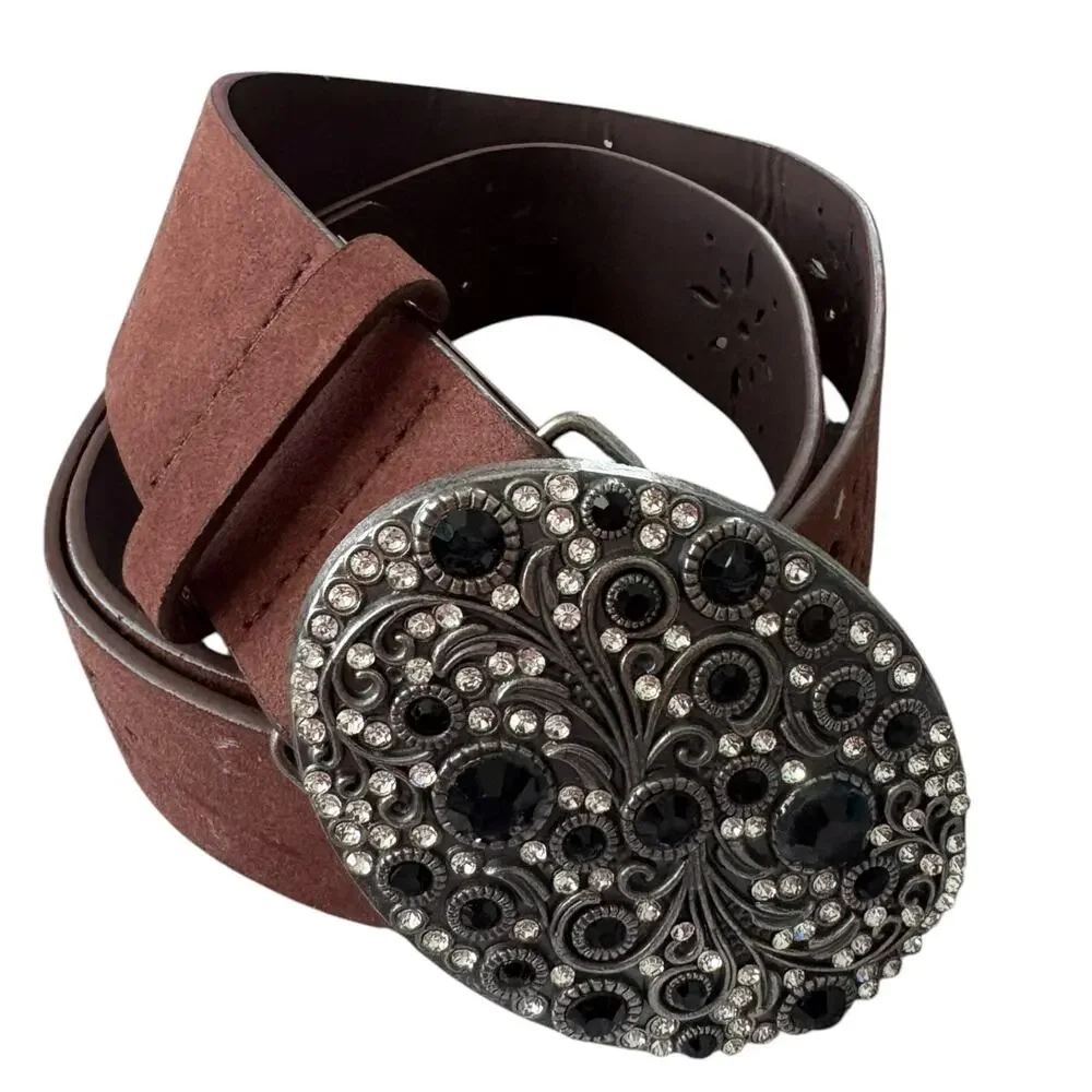 Y2K Style Faux Leather Belt Rhinestone Bling Floral Buckle Boho Western Brown